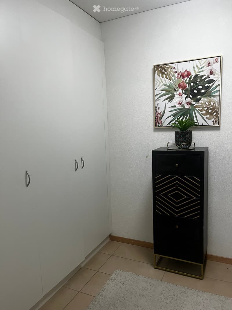 A small, modern room with white walls, tiled floor, and a built-in cabinet. A black side table holds a potted plant and a decorative picture frame above it.