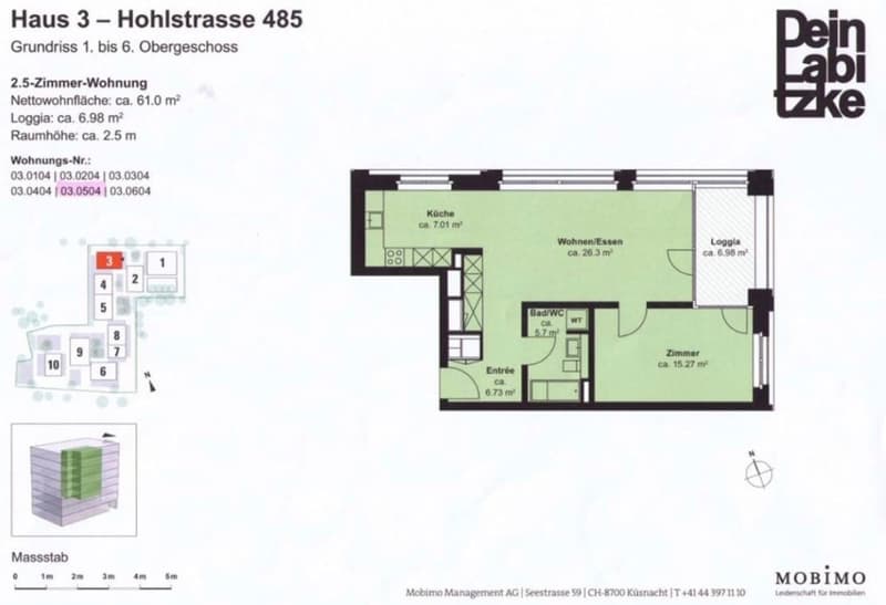 Floor plan of a 2.5-room apartment with kitchen, living/dining area, bedroom, bathroom, and loggia.