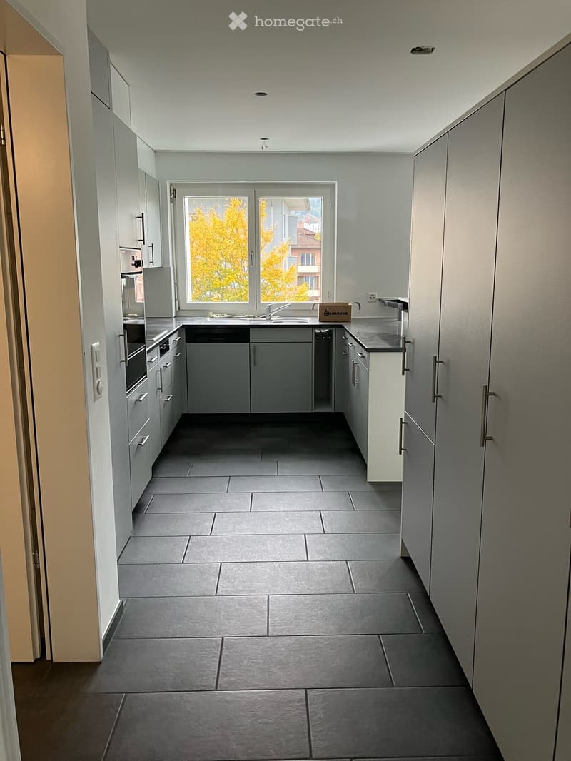Modern kitchen with grey cabinets, dark tiled floor, and a large window overlooking a tree-lined street.