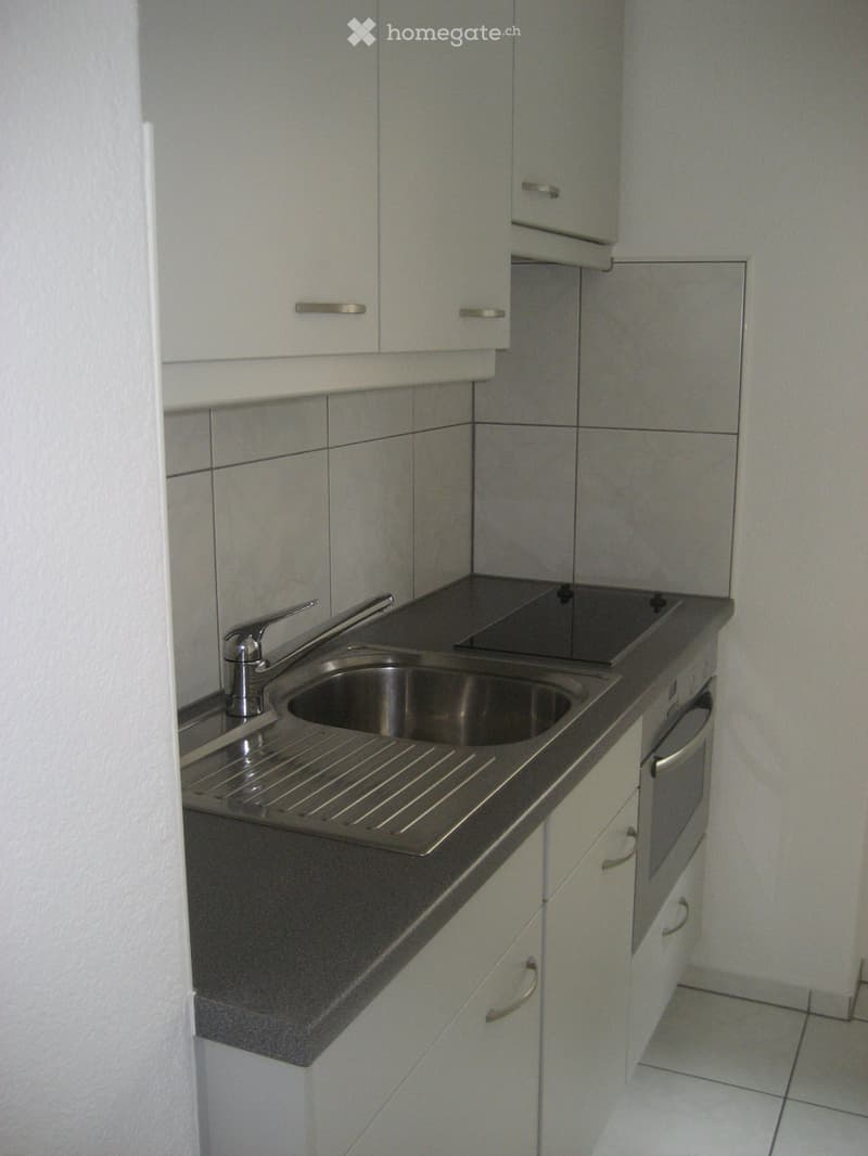 Modern kitchen with white cabinets, dark countertop, stainless steel sink, and built-in oven.
