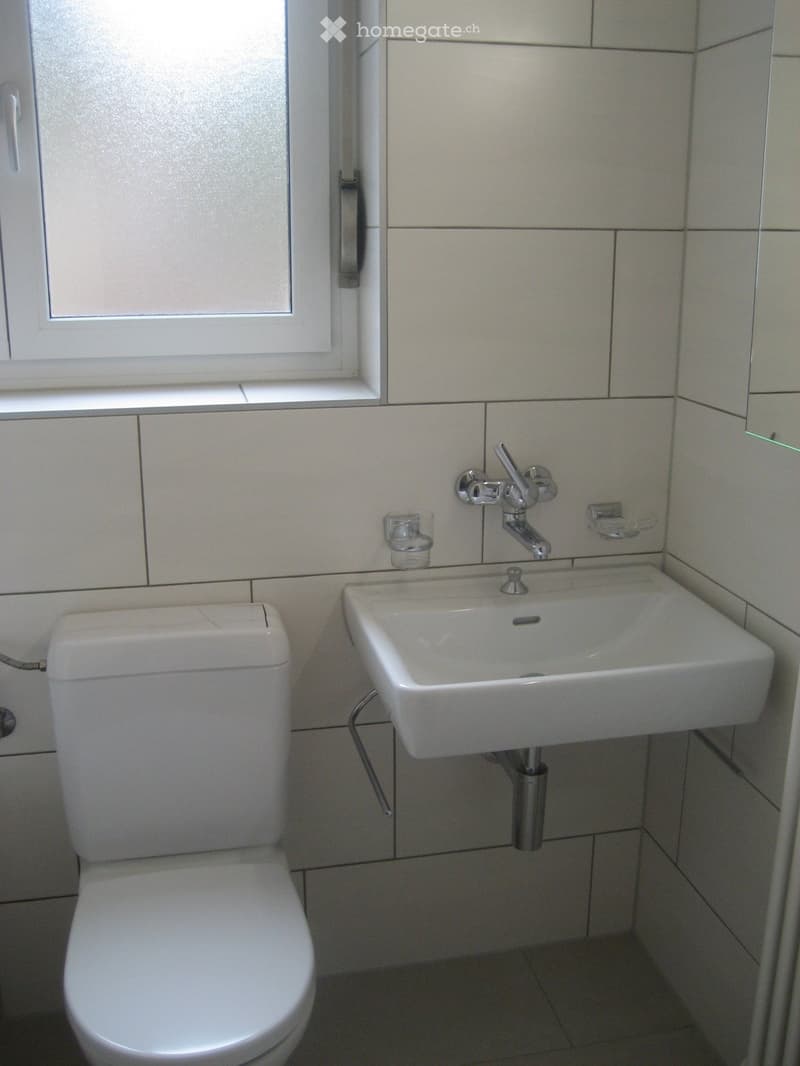 A small bathroom with a white toilet and a white sink with a chrome faucet, tiled walls, and a window.