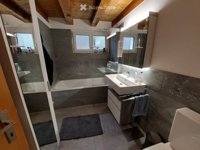 Modern bathroom with a bathtub, sink, mirror, and toilet. Features include a glass shower enclosure, wooden ceiling beams, and frosted windows.
