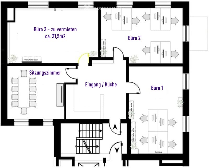Floor plan showing a sitting room, kitchen, entrance, three offices, and a hallway.