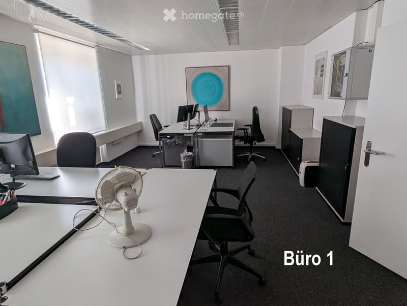 Office space with desks, chairs, a fan, and a screen. The room is well-lit with large windows and has modern furniture.