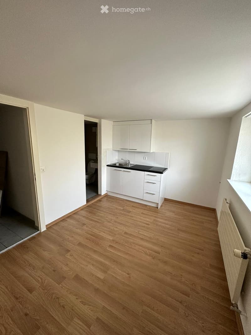 kitchen, tiled flooring, cabinets, sink, countertop, white walls, window, door, power outlet, radiator