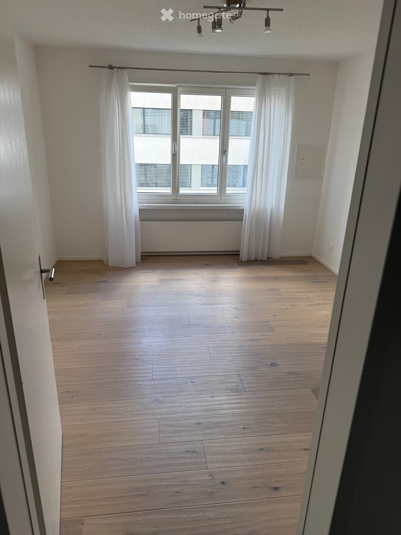 Empty room with wooden flooring, white walls, large window with white curtains, and modern ceiling lighting fixture.