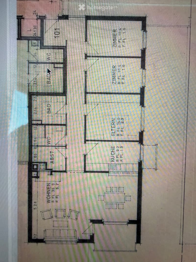 Floor plan showing a layout with multiple rooms including a kitchen, living room, bedrooms, bathrooms, and a hallway.