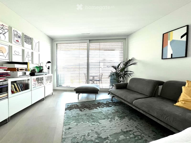 Modern living room with a grey sofa, ottoman, bookshelf, and large windows leading to a balcony. Features a shaggy rug, decorative artwork, and a potted plant.