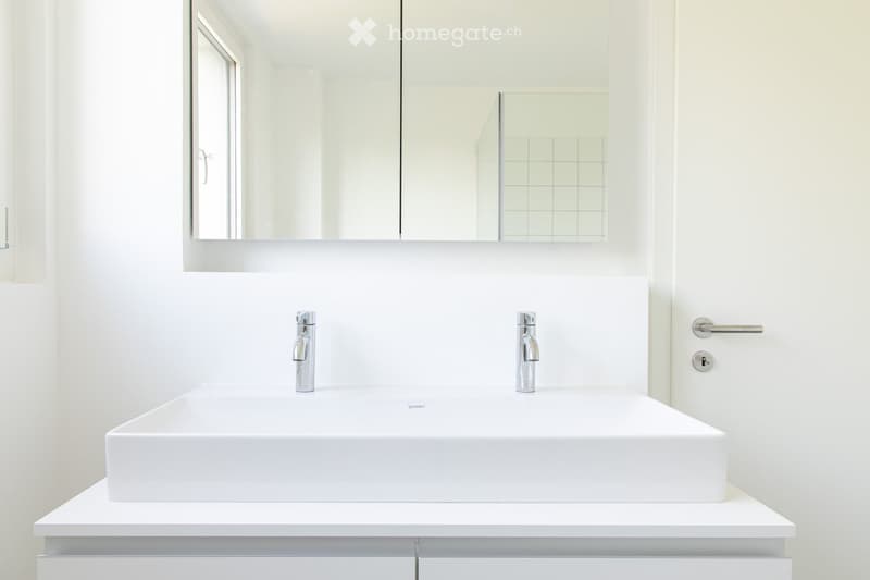 Modern bathroom with a white sink, dual chrome faucets, and a large mirror above.