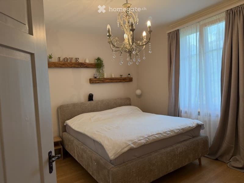Cozy bedroom with a large bed, wooden nightstand, chandelier, and a shelf with decorative items.