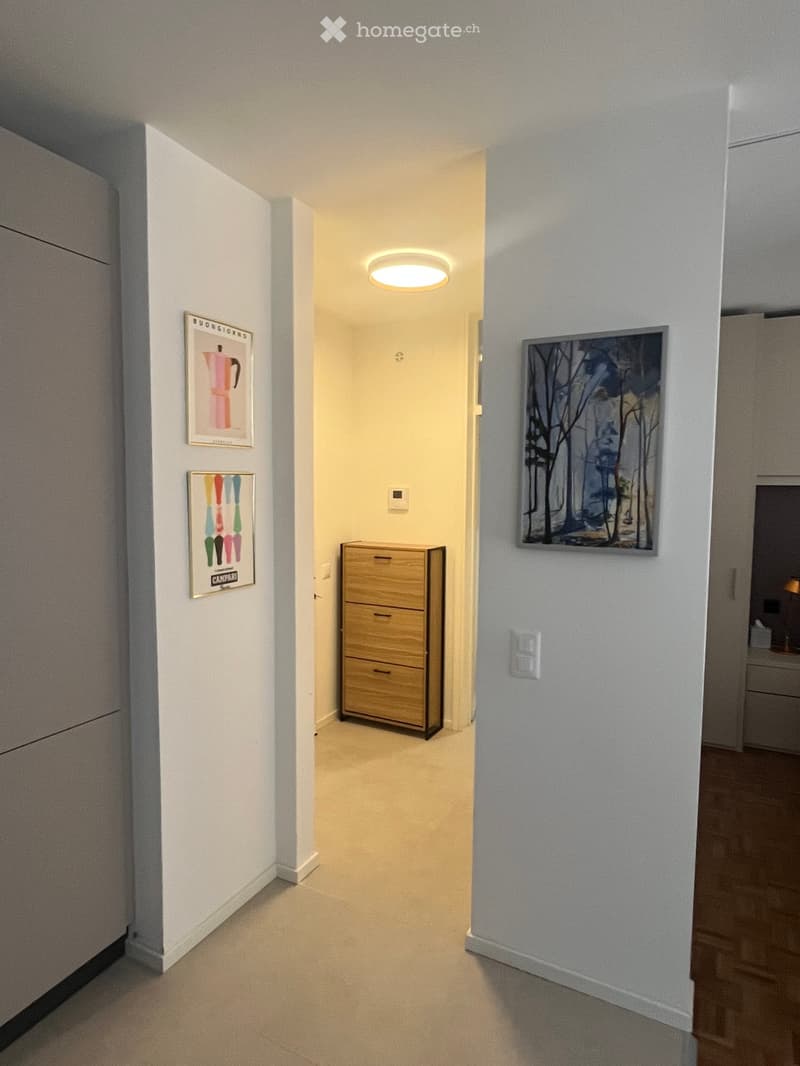 A narrow hallway with light-colored walls, a round ceiling light, and framed artwork on both sides. A small wooden cabinet is placed against the left wall.