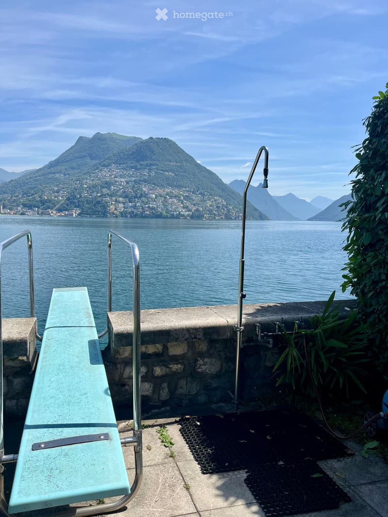Outdoor area with a swimming pool overlooking a lake and mountains, featuring metal railings and a hose reel.