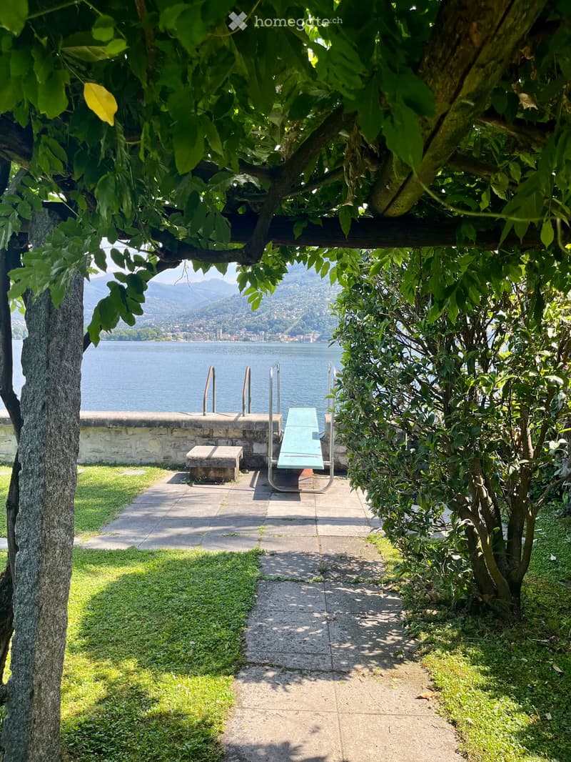 A serene garden area with a paved pathway leading to a small seating area near a body of water, featuring a bench, lounge chair, and lush greenery.