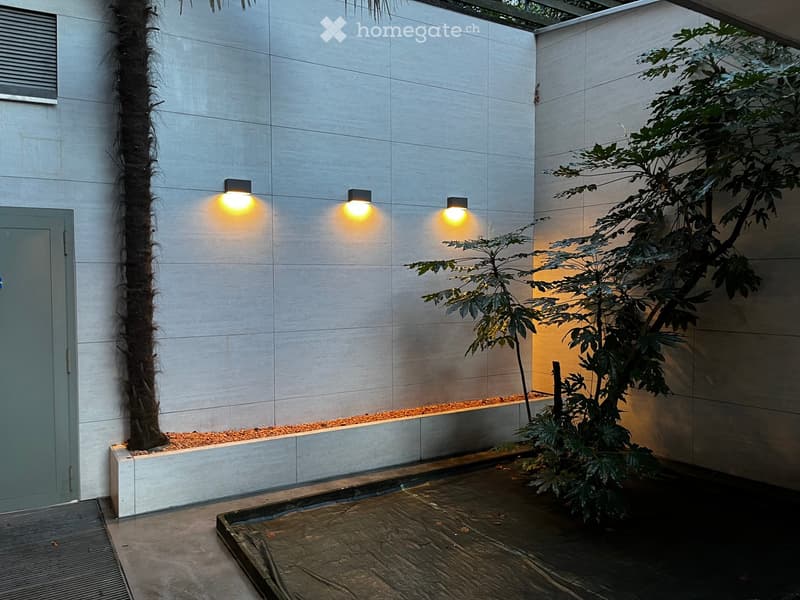 Outdoor area with a wall, plants, and wall-mounted lights