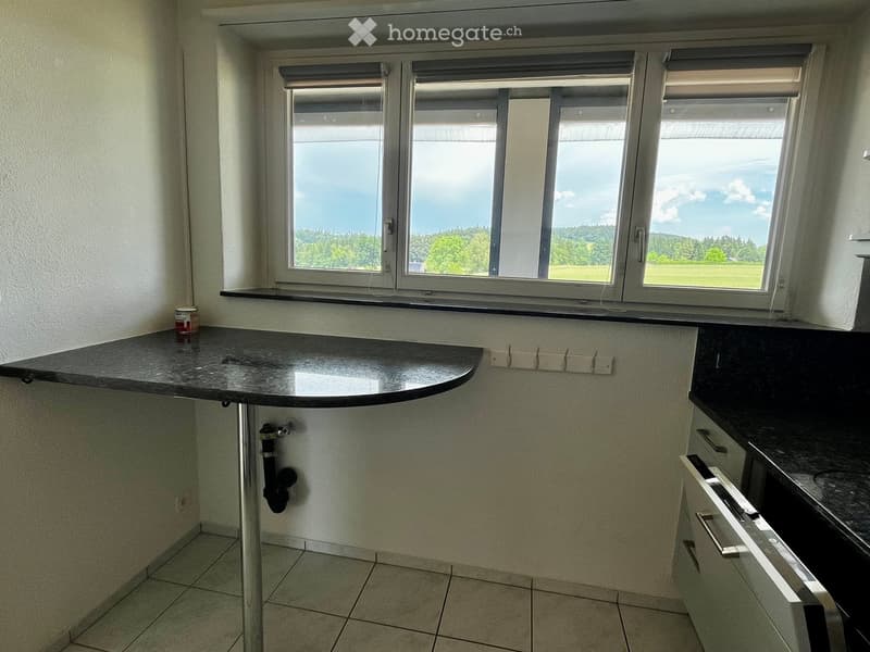 Empty kitchen with a countertop, cabinets, and large windows overlooking a green landscape.