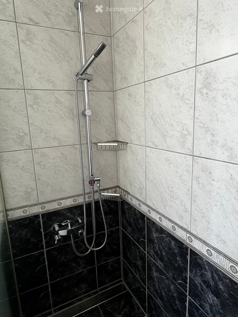Modern shower area with marble tiles, chrome showerhead, and built-in shelf.