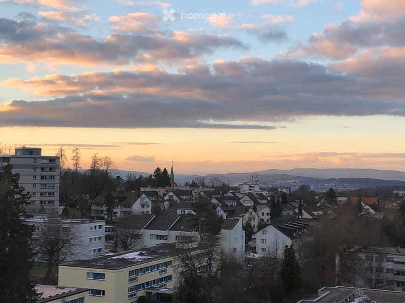A panoramic view of a residential area with multiple buildings, trees, and a distant mountain range under a partly cloudy sky during sunset.