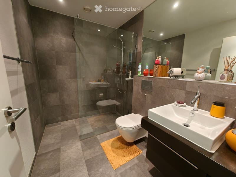 Modern bathroom with a white sink, toilet, and glass-enclosed shower. Features decorative items on the vanity, a yellow rug, and a sleek design with gray tiles.