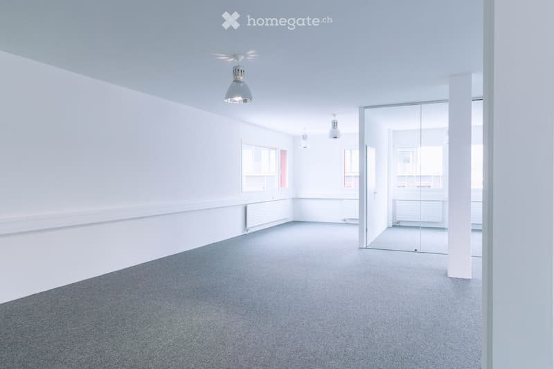 Empty room with white walls, grey carpet, large windows, and modern lighting fixtures.