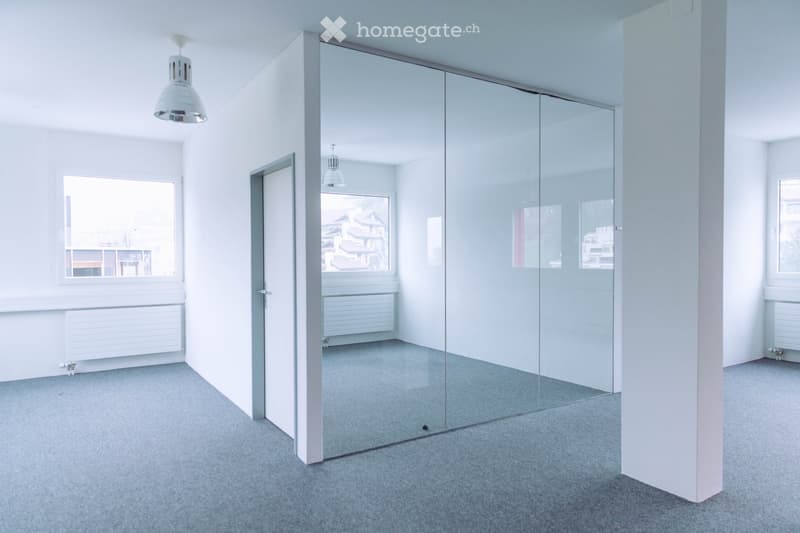 Empty room with grey carpet, white walls, large glass partition, and modern lighting fixtures.