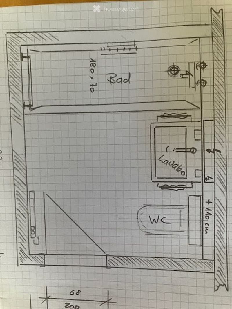 Sketch of a bathroom layout showing a bathtub, toilet, and shower area with dimensions labeled.