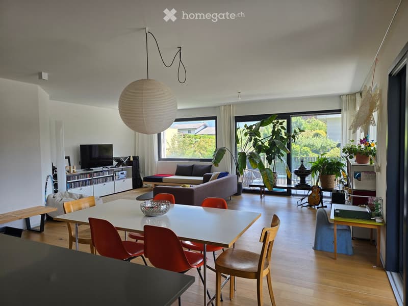 Bright, open living and dining area with wooden flooring, large windows, and modern furniture including a sofa, dining table, chairs, and a television. Features a hanging spherical lamp and several potted plants.