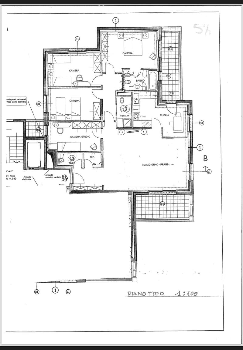 Floor plan of a residential unit showing multiple rooms including bedrooms, kitchen, bathroom, living area, and study. Layout includes labeled spaces and dimensions.