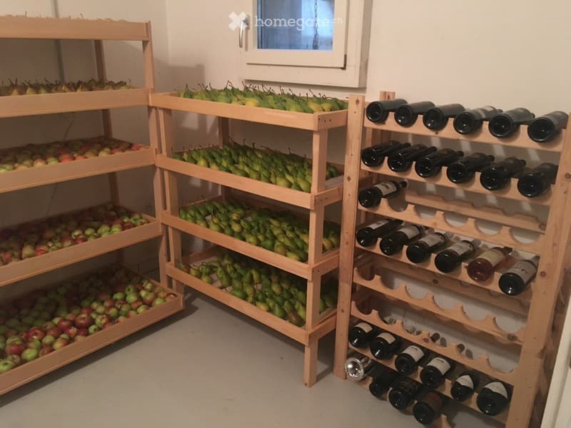 A storage room with wooden shelves filled with crates of apples and pears, and a wine rack holding multiple bottles of wine.