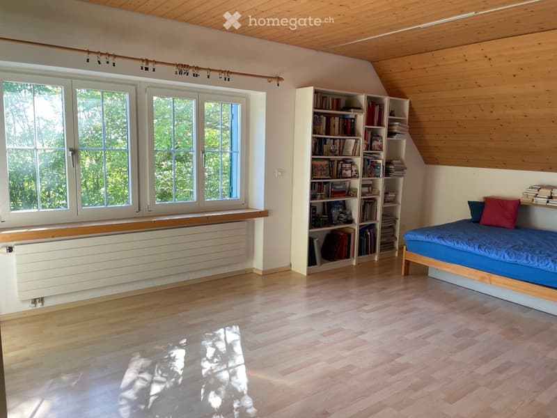Bright bedroom with wooden floors, large windows, a bed with blue mattress and red pillow, and a bookshelf filled with books.