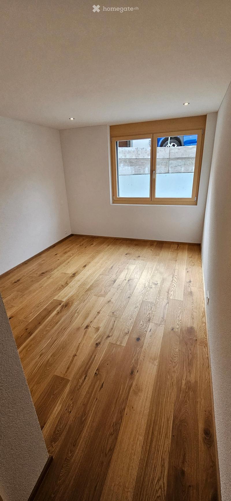 Empty room with light wooden flooring and white walls, featuring a large window with frosted glass panels and a small door leading outside.