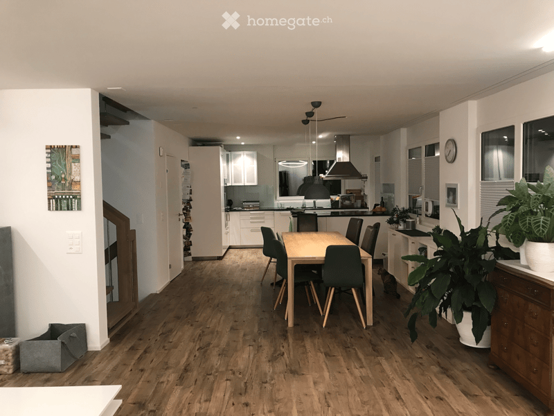 Open-plan dining and kitchen area with wooden flooring, modern kitchen cabinets, a dining table with chairs, and a potted plant on a sideboard.