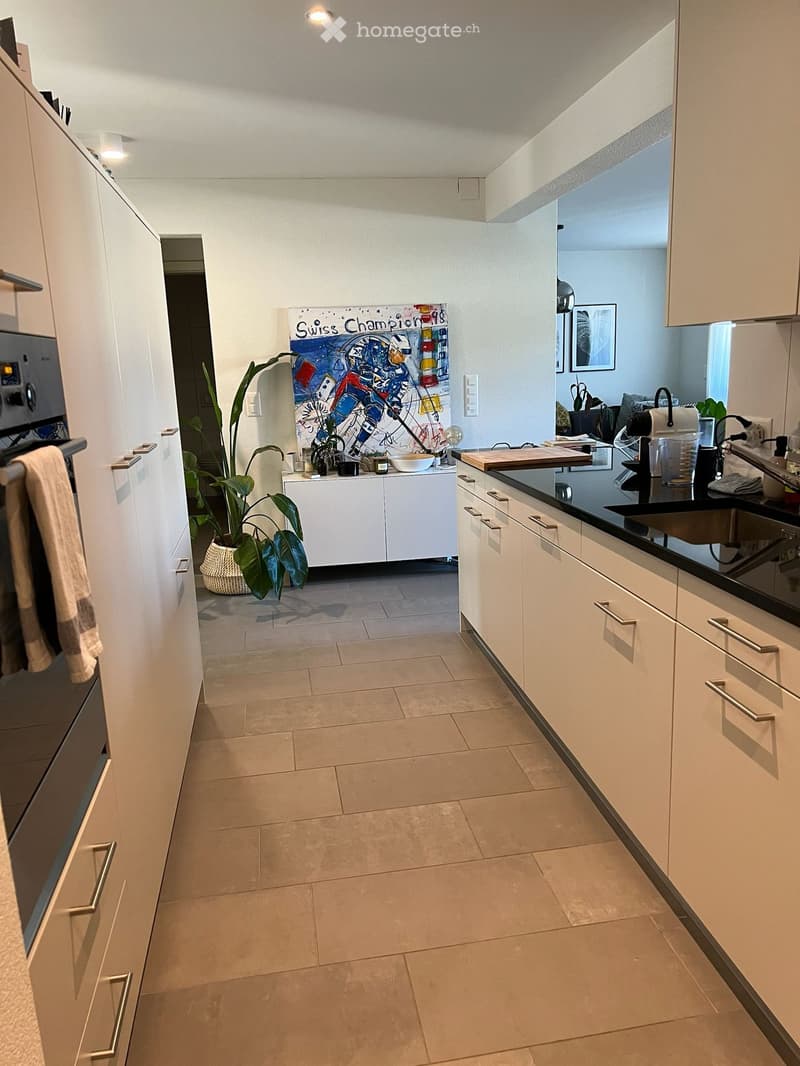 Modern kitchen with white cabinets, black countertop, and stainless steel appliances. Features a sink, oven, and a small plant in the corner.