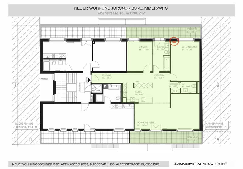 Floor plan of a 4-room apartment with living/dining area, kitchen, 2 bedrooms, 2 bathrooms, and a terrace.