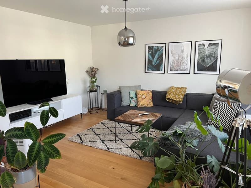 Modern living room with a grey sectional sofa, wooden coffee table, large flat-screen TV, side tables, and decorative plants.