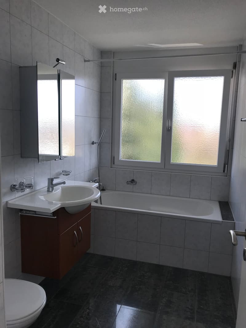 Modern bathroom with a white sink, dark wooden cabinet, bathtub, and large window with frosted glass. Includes a mirror, faucet, and toilet.
