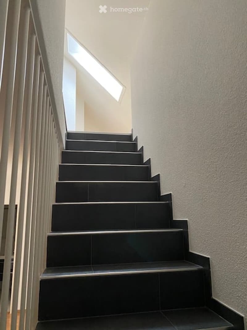 Modern staircase with black tiled steps and white handrail, illuminated by natural light from a skylight above.