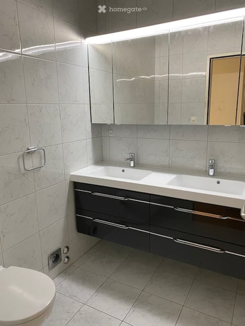 Modern bathroom with a double sink vanity, large mirror, sleek dark cabinets, and a toilet. The walls and floor are tiled in a light grey marble pattern.