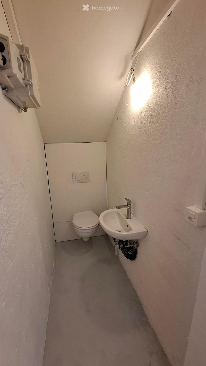 Compact bathroom with a toilet and a sink, featuring white walls and a small light fixture above the sink.