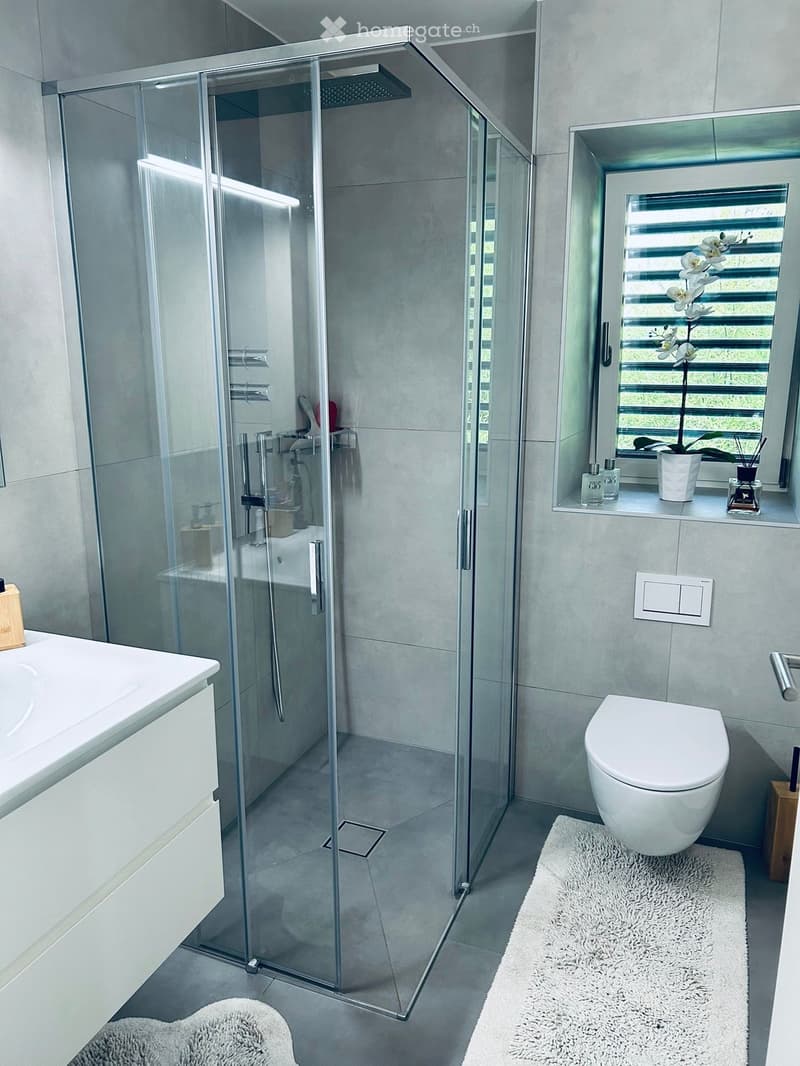 Modern bathroom with a glass-enclosed shower, a white sink, a toilet, and a bathtub, featuring a sleek design with grey tiles and a white rug.