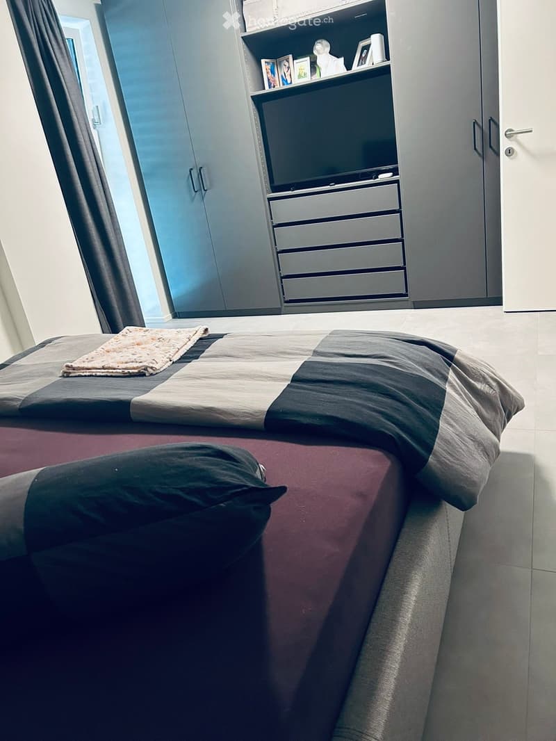 Modern bedroom with a large bed, grey and black bedding, a small rug, built-in wardrobe with shelves and drawers, and a window with dark curtains.