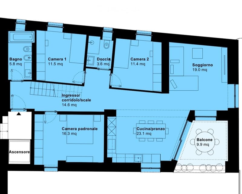 Floor plan showing a 5-room layout including a master bedroom, two bedrooms, living room, kitchen/dining area, bathroom, shower, entrance/corridor, and a balcony.