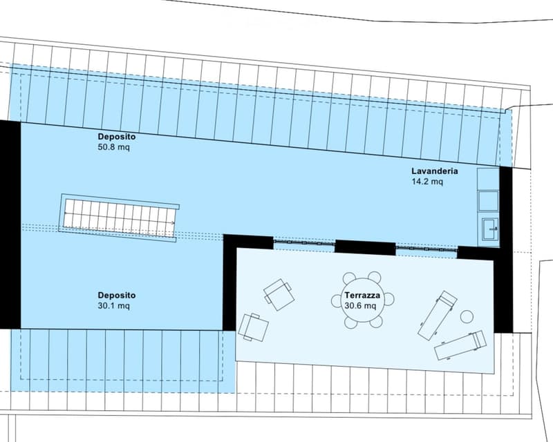 Floor plan showing a layout with two storage rooms (Deposito), a laundry area (Lavanderia), and a terrace (Terrazza).