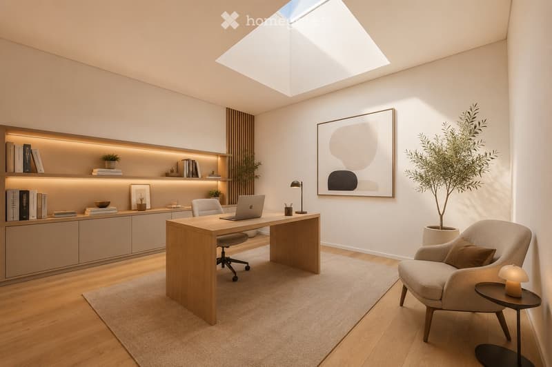 Modern, well-lit office space with a large skylight, wooden desk, ergonomic chair, laptop, bookshelf, side table, and decorative plant.