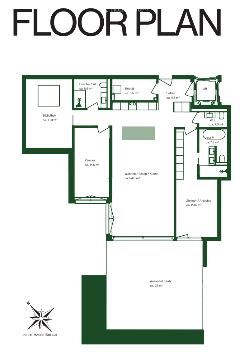 Floor plan showing a layout with a living/dining/kitchen area, bedroom, bathroom, WC, library, entrance, and outdoor seating area.