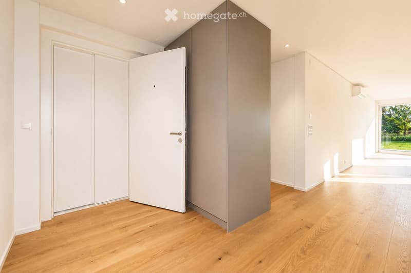 Empty room with light wooden flooring, white walls, and a large window letting in natural light. The room features a closed white sliding door and a grey cabinet.