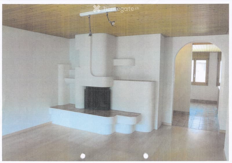 empty room, white walls, tiled floor, wood ceiling, fireplace
