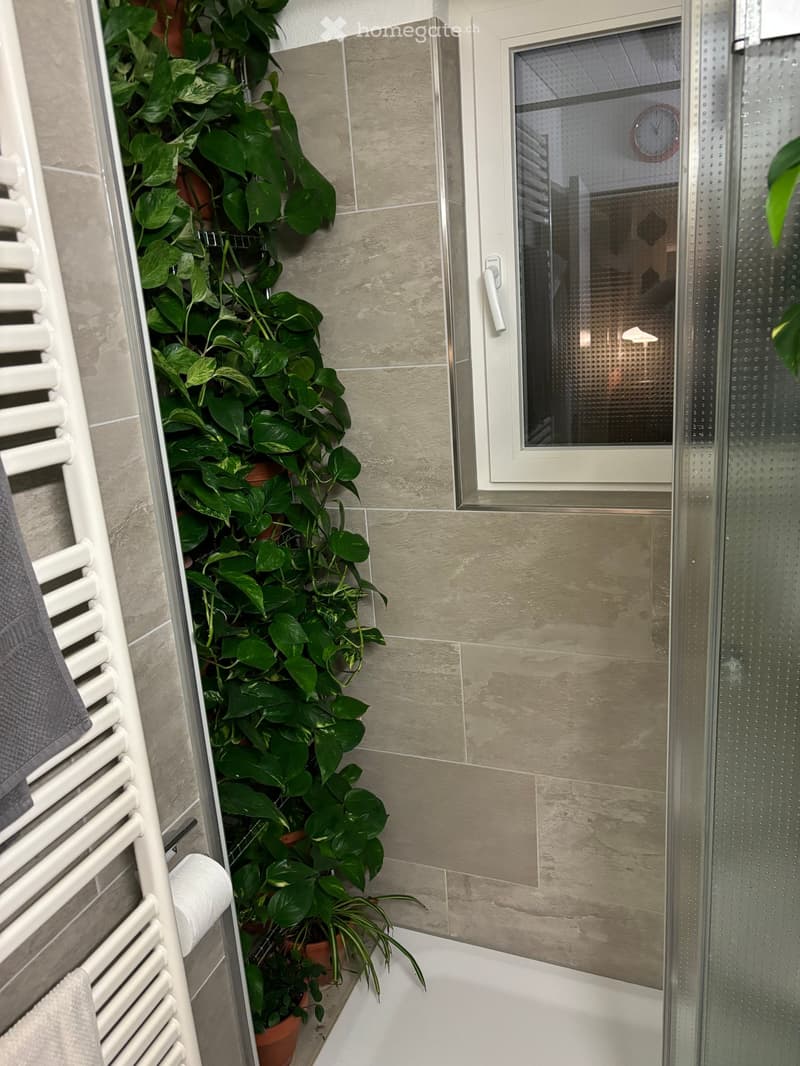 Balcony with large potted plants, tiled walls, white radiator, and glass shower enclosure visible in the background.