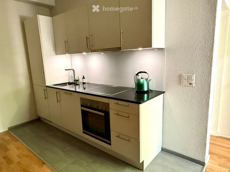 Modern kitchen with light-colored cabinets, stainless steel appliances, and a black countertop.