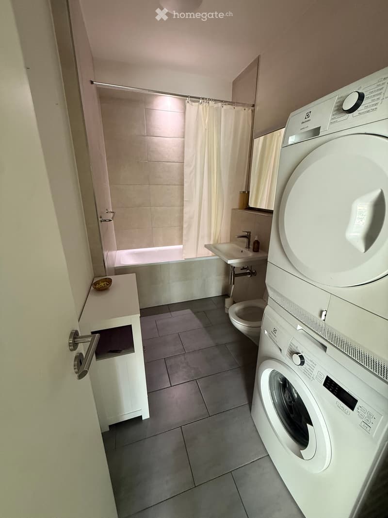 Modern bathroom with a bathtub, sink, toilet, and a washing machine. Features a shower area with a curtain, a small cabinet, and a tiled floor.