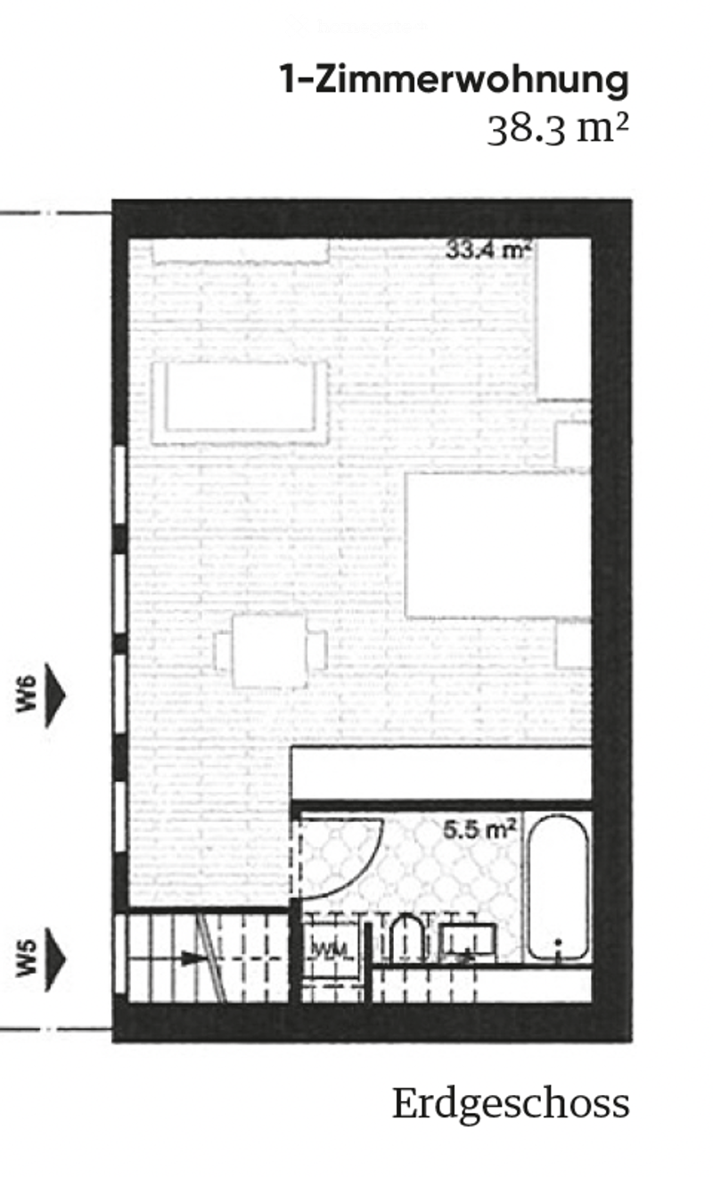 Floor plan of a 1-room apartment with 38.3 m² total area. The layout includes a living space (33.4 m²), a small bathroom (5.5 m²), and a kitchen area.